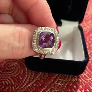 RIng Square Amethyst Diamond 14K White Gold Size 7